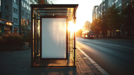 Glass bus stop with blank advertising poster at sunset, warm natural light and urban background, realistic outdoor mockup for branding or design