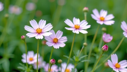 Fototapeta premium Delicate white cosmos flowers bloom vibrantly against a soft green backdrop, creating a serene natural scene, peaceful scene, blooming plants, garden