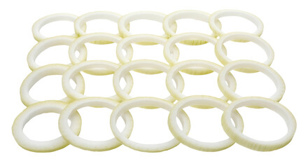 Several sliced onion rings are stacked in neat rows showing their circular shape and translucent texture.