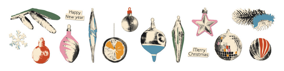 Vintage Christmas ornaments halftone collage elements set. Paper cut out baubles, icicles, stars, pine branches with dot texture and doodles. Modern retro vector illustration on transparent background
