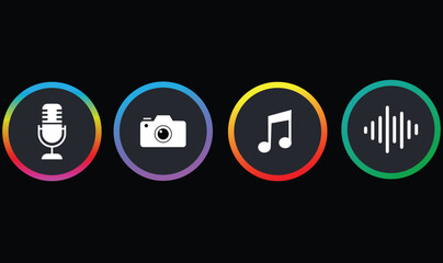 Colorful gradient media icons set, microphone camera music and sound wave buttons