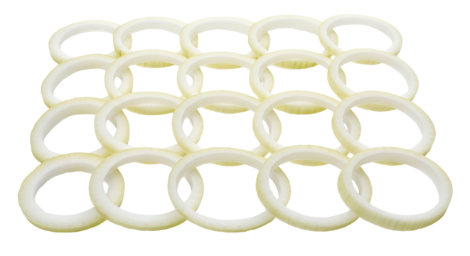 Several sliced onion rings are stacked in neat rows showing their circular shape and translucent texture.