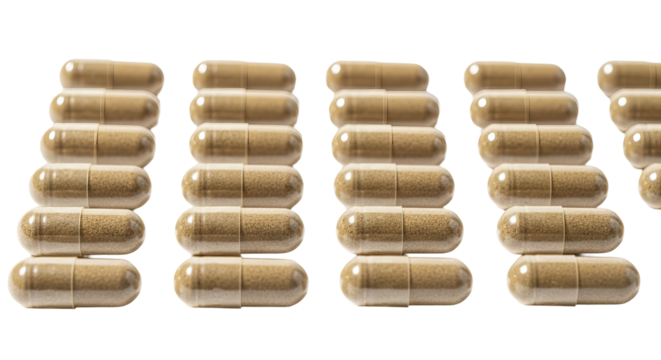 Several stacks of supplements in capsule form are arranged closely together, suggesting a large supply.