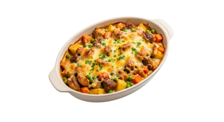 Shepherd's pie rests in an oval casserole dish and features a melted cheese topping sprinkled with parsley.