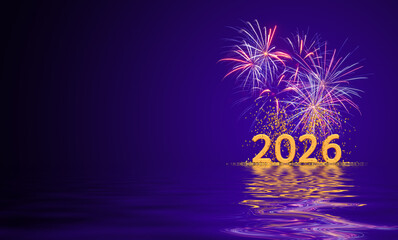 carte pour le nouvel an 2026, feu d'artifice et cotillons - illustration 3D sur fond violet