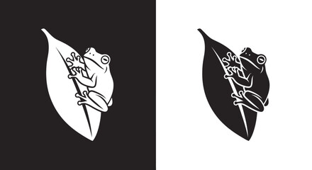 Stylized Tree Frog Vector Illustration on a Leaf Minimalist Black and White Logo Mark
