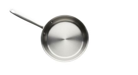 Shiny metal frying pan sits on a background, showing its sleek surface and handle.