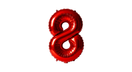 Shiny red balloon shaped like the number eight floats against a dark, contrasting background.