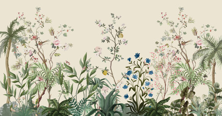 Graden Wall Mural,Mughal Garden, Tropical Wallpaper, Wallpaper Illustration. © Sharif