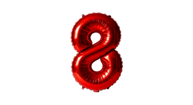 Shiny red balloon shaped like the number eight floats against a dark, contrasting background.