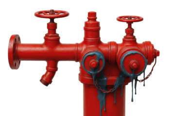 Red fire hydrant showing blue liquid melting and dripping isolated on transparent background, symbolizing environmental issues