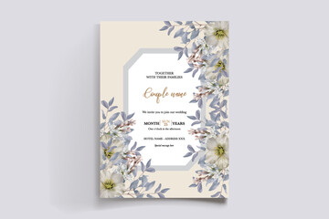 WEDDING INVITATION FRAME WITH FLOWER DECORATIONS AND FRESH LEAVES