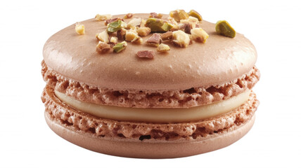 A single brown macaron with nuts on top close up view