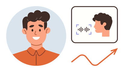 Fototapeta premium Smiling man, voice recognition wave, head profile, and rising chart. Ideal for technology, AI, personal development, education, digital learning self-improvement simple flat metaphor