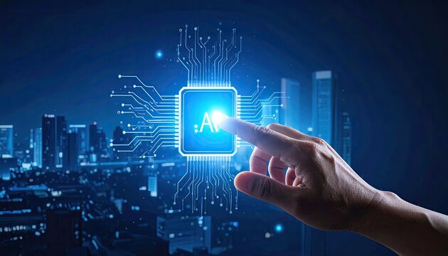 Human Finger Touches Glowing AI Chip Circuit Board With Digital Lines Overlooking Cityscape At Night