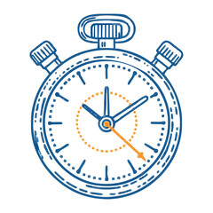 - Stopwatch illustration, blue line art with orange hands, timekeeping