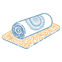 Rolled yoga mat icon, illustrated in blue and orange, fitness concept -
