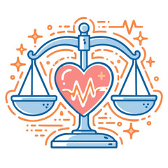 Heart on scale icon, line art, blue and pink, health balance-