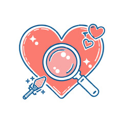 Heart magnifying-glass illustration, cartoony, pink and blue, love search-