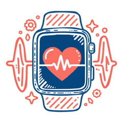 Heartbeat on smartwatch icon, vector art, blue and coral, health