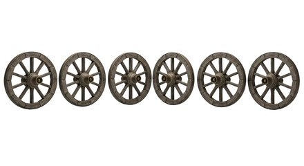 Six wagon wheels are aligned horizontally, featuring weathered wood and metal hubs against a background.