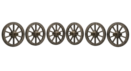 Six wagon wheels are aligned horizontally, featuring weathered wood and metal hubs against a background.