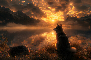 Golden dusk lights husky watching water. Epic landscape, sunrise, mountains, clouds. For travel posters, scenic wallpaper, or adventure branding.