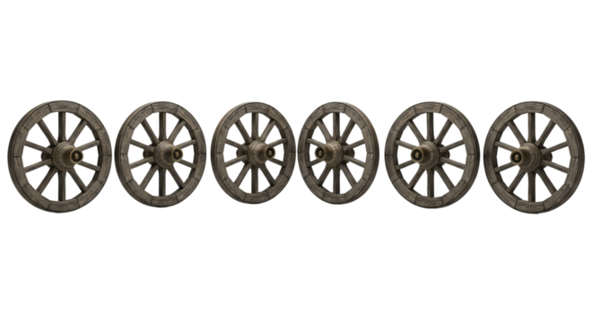 Six wagon wheels are aligned horizontally, featuring weathered wood and metal hubs against a background.