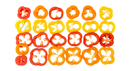 Sliced bell peppers are arranged in organized rows, showing their different colors and shapes.
