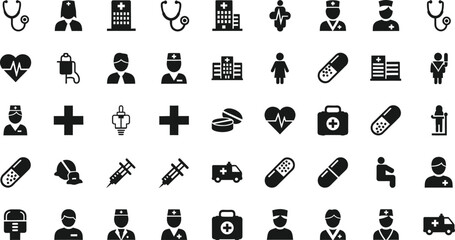 Collection of medical and healthcare icons representing doctors nurses hospitals and medicine isolated on transparent background