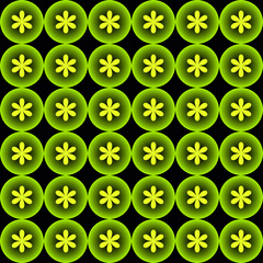 Seamless geometric pattern with black, green and yellow circular shapes and flowers inside. Minimalist square background for textiles, wallpapers, wrapping paper, and abstract designs.