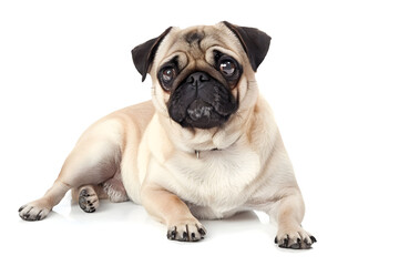 Obraz premium Beige Pug Lies On White. Isolated dog breed displays animal portraiture, pet stock, for ads, posters, and designs.