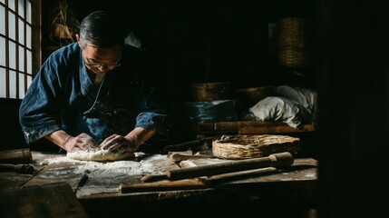 A skilled artisan kneads dough in a dimly lit, traditional bakery setting, evoking a sense of history and craftsmanship.