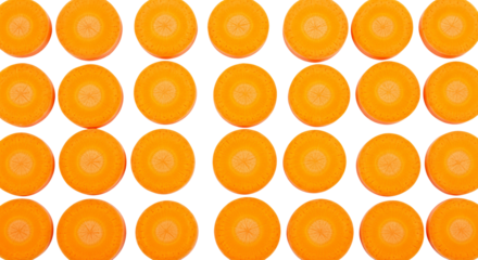 Sliced carrots are arranged closely together in a grid pattern on a surface. - high quality Sliced carrots are arranged closely together in a grid pat