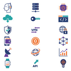 Modern Technology and Blockchain Icon Pack | Secure Network, VPN, API, Crypto, Server, and Data Icons | Flat Minimal Vector Set