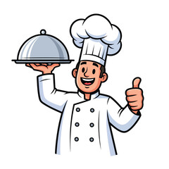 Happy cartoon chef holding a serving cloche and giving a thumbs up.