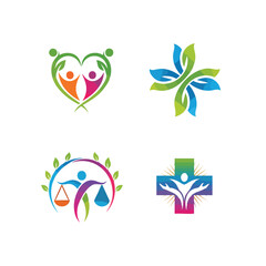 Set of four colorful health wellness and community care logo icons with abstract human figures and nature elements.