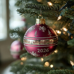 Festive red christmas ornament on tree with snowflake design and 2026 year marking