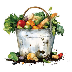 Watercolor bucket overflowing with fresh garden vegetables and watercolor illutrastion transparent background