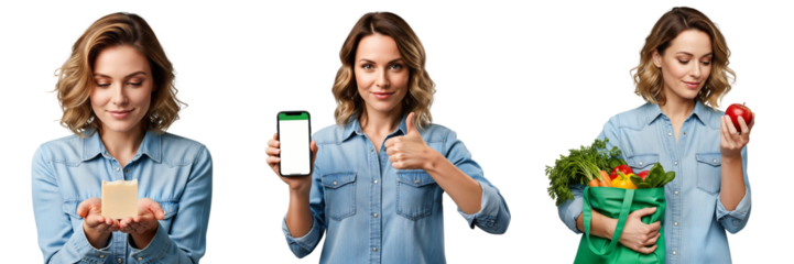 Eco lifestyle set with natural soap, grocery tote of produce, and smartphone app approval for zero‑waste habits — Isolated on transparent background, png