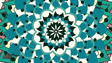 A hypnotic mandala animation with intricate, multicolored kaleidoscope patterns. Seamlessly swirled screensaver with changing psychedelic shapes on a dark background. Motion graphics, 4K - Powered by Adobe