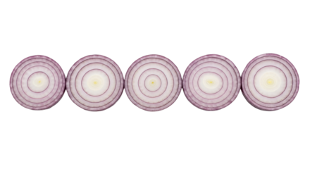 Sliced red onions are positioned in a horizontal line against a solid isolated background.