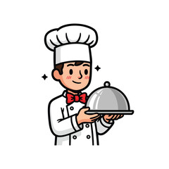 Smiling cartoon chef character in a white uniform and red bow tie holding a silver cloche.