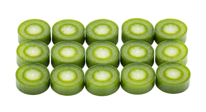 Sliced scallions display their circular shape and concentric green layers, creating a repetitive pattern against a dark surface. - Powered by Adobe