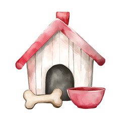 Watercolor Dog House with Bone and Bowl on White Background watercolor illutrastion transparent background