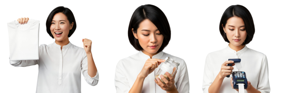 Small business retail workflow with fresh shirt, product labeling on jars, and handheld label printer for inventory and shipping — Isolated on transparent background, png