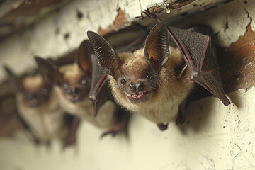 Closeup image of bats peacefully resting on a roof, blending in with their surroundings    