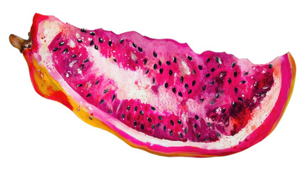 A slice of dragon fruit with pink flesh and black seeds