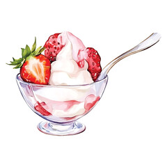 Watercolor Dessert of Soft Serve Ice Cream with Strawberries in watercolor illutrastion transparent background