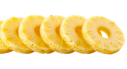Slices of pineapple are arranged next to each other, displaying their juicy texture and circular shape against a dark .